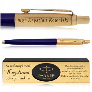Tradičné modré guľôčkové pero Parker + ORIGINÁLNA DARČEKOVÁ KRABIČKA PARKER + ZLATÁ PLATNIČKA S GRAVÍROVANÝM VENOVANÍM